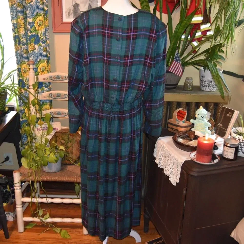Vintage 90s Karin Stevens KSL Plaid Midi Dress Drop Waist Pleated 1X